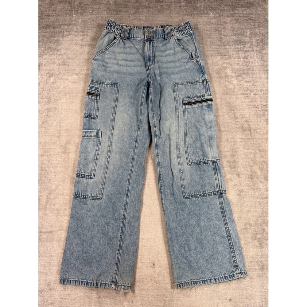 SO Jeans Women Medium Blue Light Wash High Rise Cargo Wide Leg Utility Denim